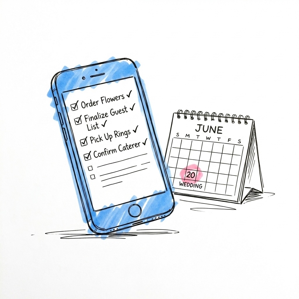 Telefonskärm med uppgiftslista och färgglada checkboxar som bockas av, bredvid en kalender med markerat bröllopsdatum