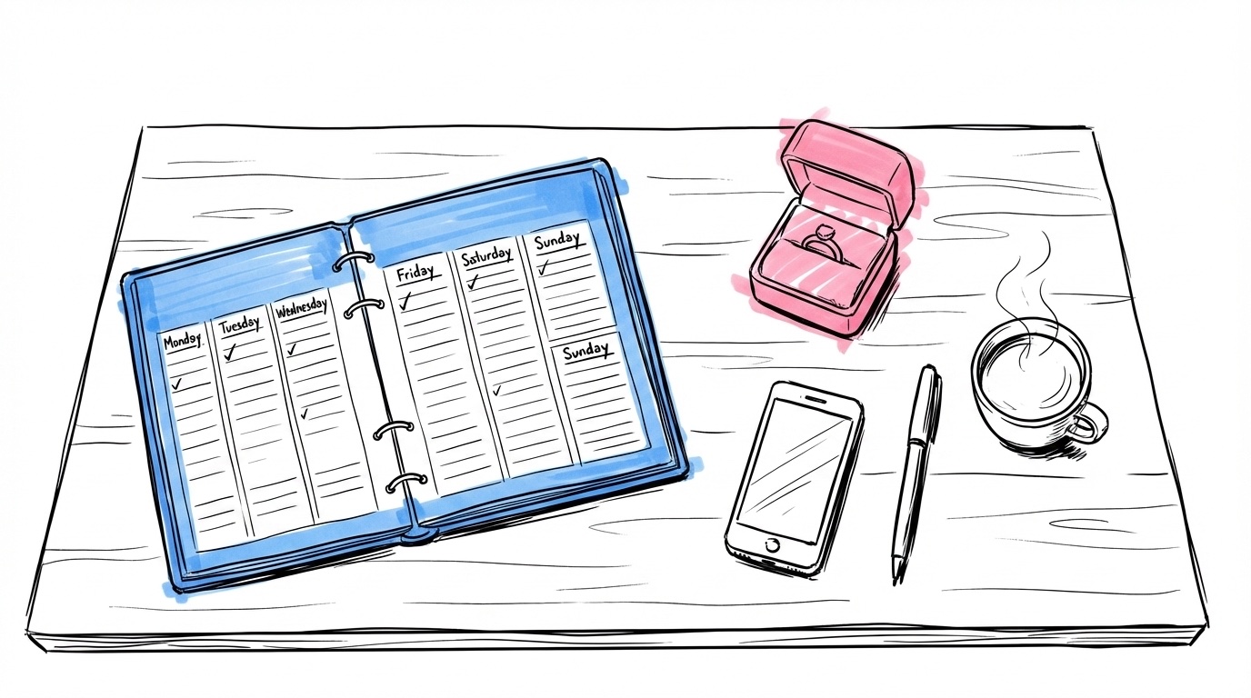 Sista veckan före bröllopet — veckoplanerare med sju dagar, telefon, penna, ringask och kaffekopp