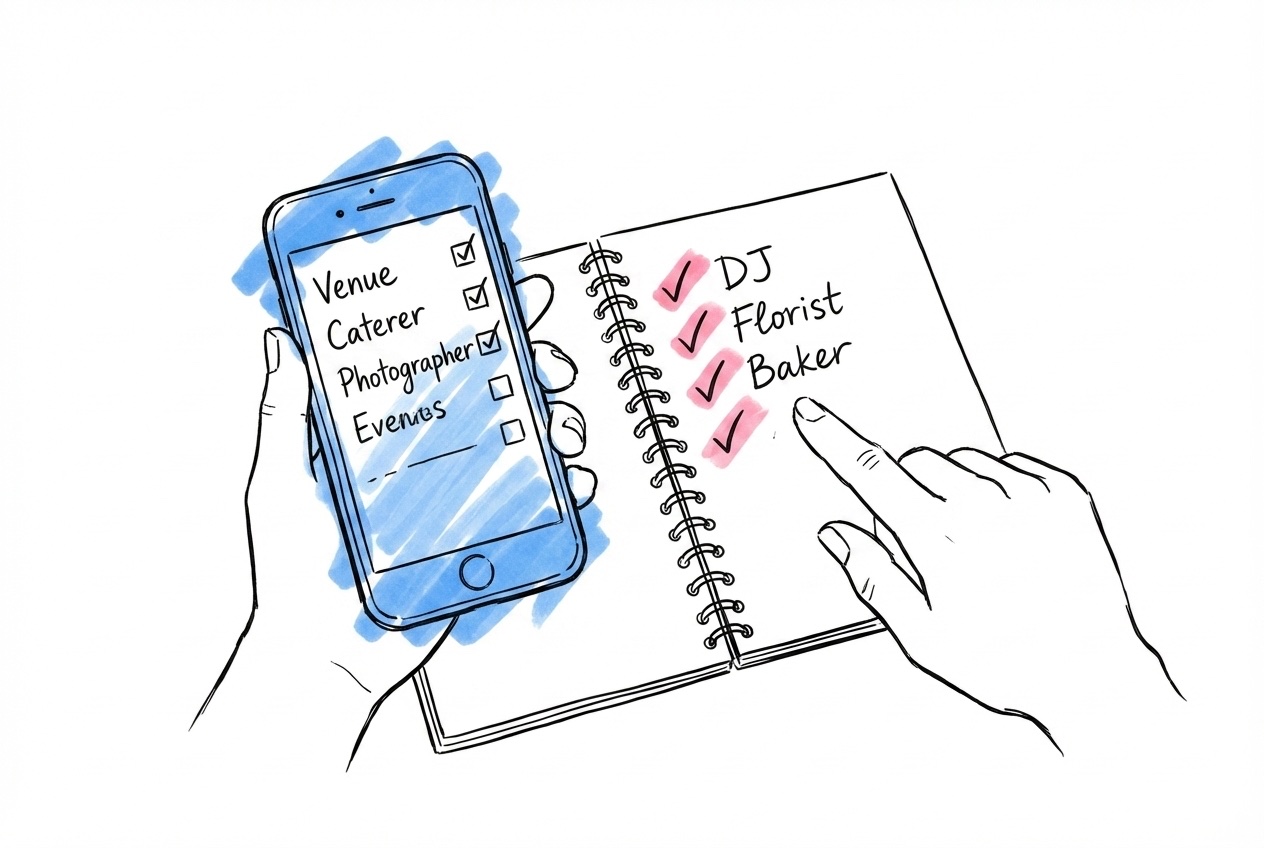 Hand som håller en telefon med checklista, bredvid ett anteckningsblock med leverantörsnamn och bockmarkeringar