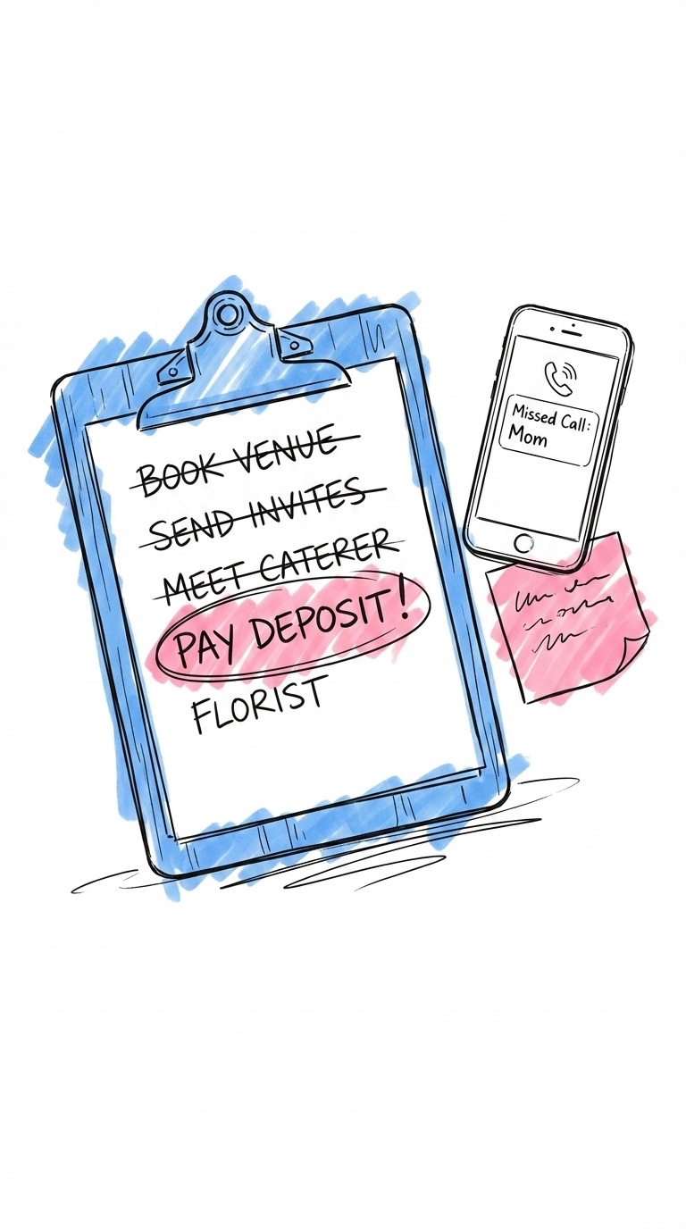 Att-göra-lista på clipboard med överstrukna och inringade punkter, telefon med missat samtal och skrynklig post-it-lapp