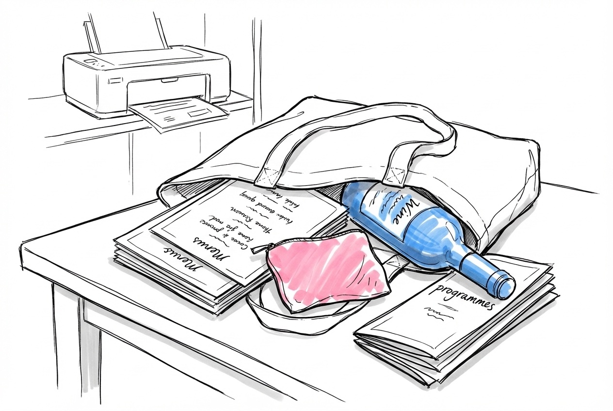 Öppen väska på ett bord med utskrivna menyer, sykit, vinflaska och vikta program — praktisk packningsdag