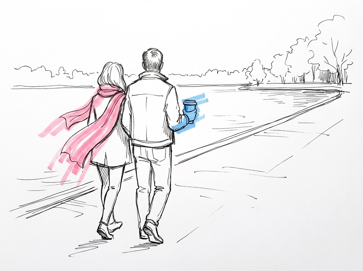 Par som promenerar längs en sjöstig, sedda bakifrån — en bär en kaffe-kopp, lugn och avkopplande stämning