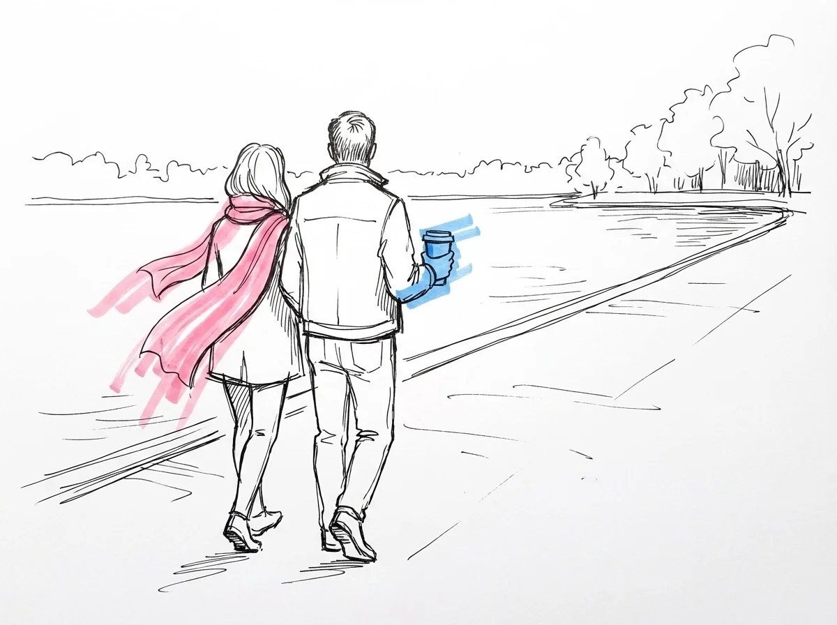Par som promenerar längs en sjöstig, sedda bakifrån — en bär en kaffe-kopp, lugn och avkopplande stämning