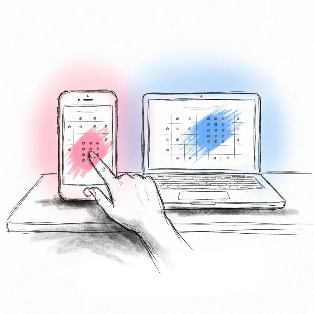 En telefon och en laptop sida vid sida, båda med en enkel digital sittplan med färgkodade gästgrupper som dras på plats, som antyder ett par som planerar sittningen tillsammans.