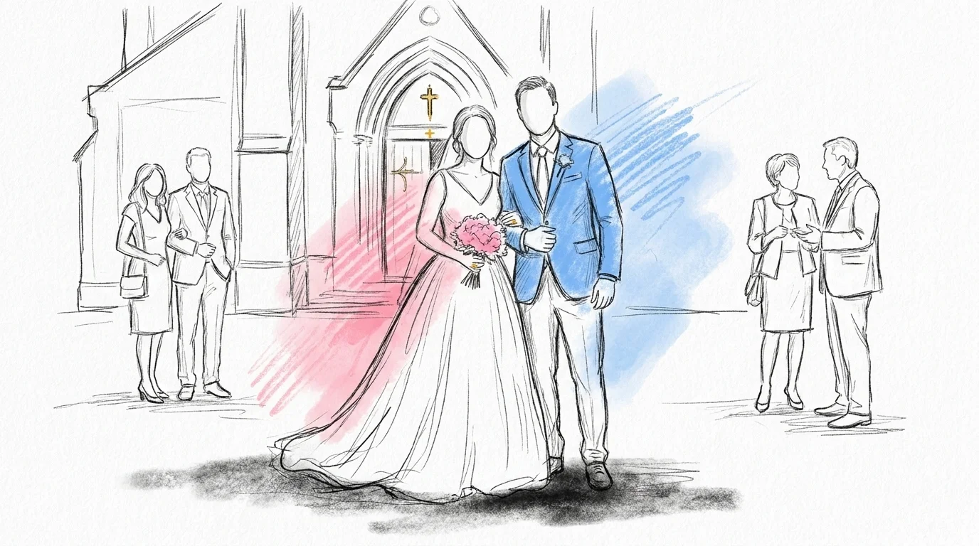 Ett brudpar står nära varandra utanför en vigselplats, med två separata små grupper av föräldrar och partners i närheten, i Lovios rosa och blå illustrationsstil