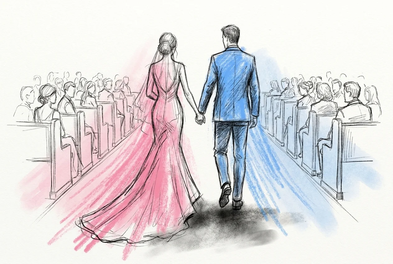 Ett brudpar går ner mittgången under en vigsel, sett bakifrån, med rader av sittande gäster på båda sidor grupperade i små, tydliga familjekluster, i Lovios rosa och blå illustrationsstil