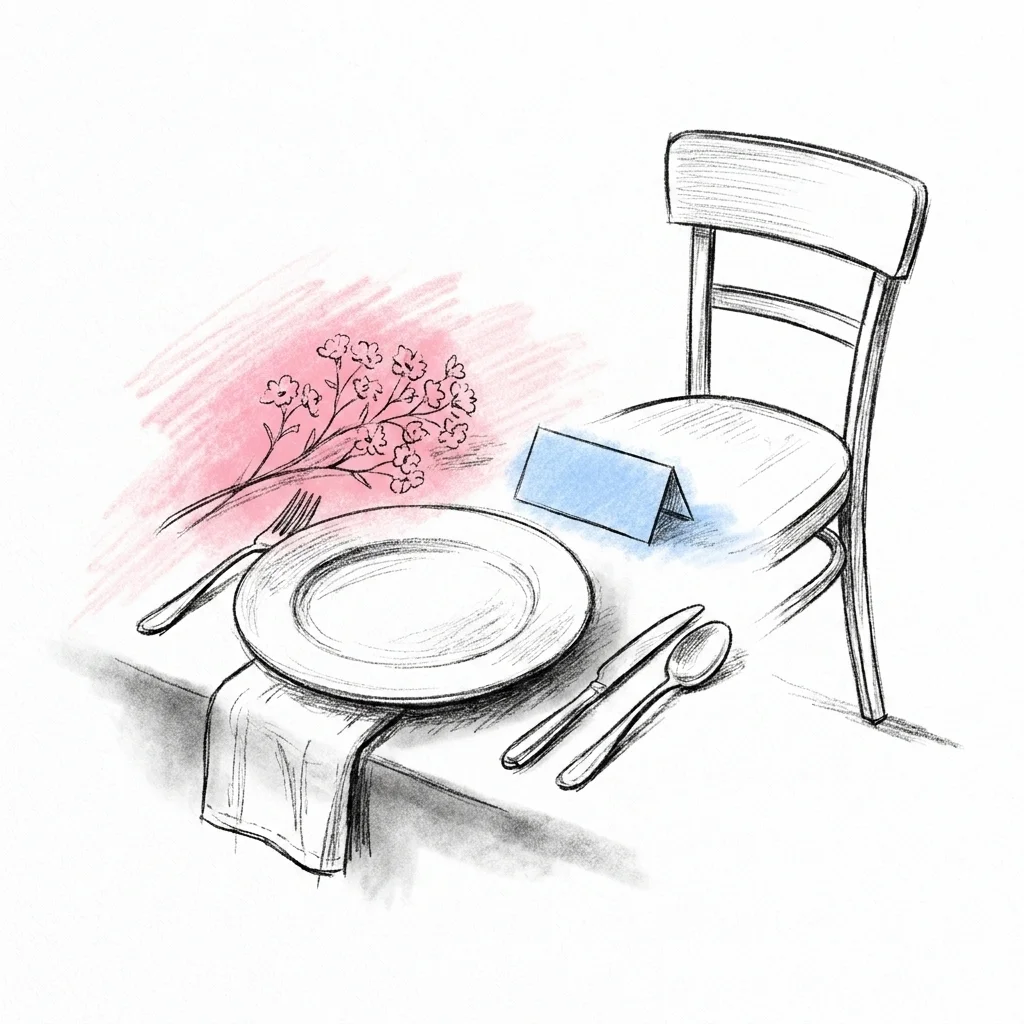 En liten stilleben av en dukad bröllopsbordsplats med ett tomt namnkort, som antyder en bortglömd eller förbisedd familjemedlem, i Lovios rosa och blå illustrationsstil