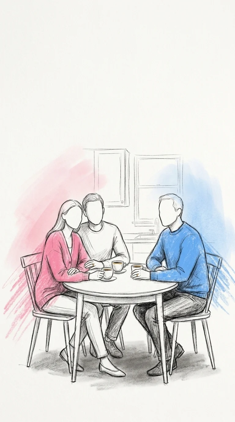 Ett brudpar sitter lugnt vid ett köksbord mittemot en förälder och för ett stillsamt, uppriktigt samtal före bröllopet, med två kaffekoppar mellan sig, i Lovios rosa och blå illustrationsstil