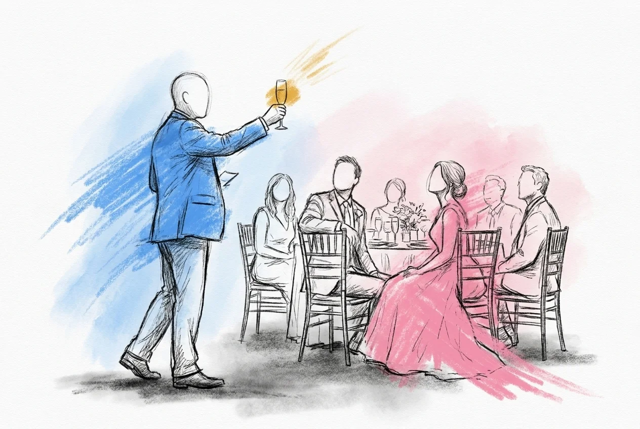En förälder står vid ett festbord och håller en skål med glaset höjt, medan det sittande brudparet och närliggande gäster lyssnar varmt, i Lovios rosa och blå illustrationsstil