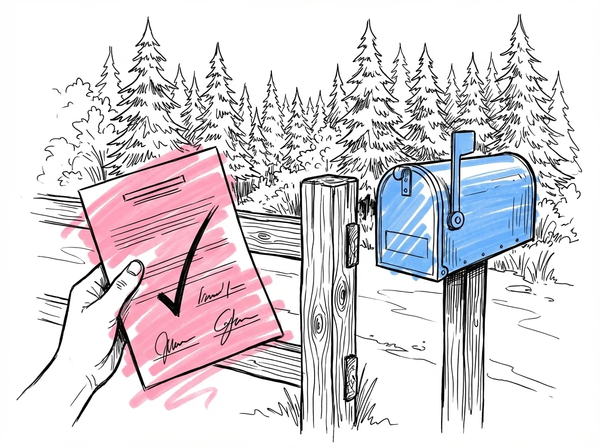 Hand som håller ett undertecknat dokument vid ett staket i skogsbrynet, brevlåda och tallar i bakgrunden