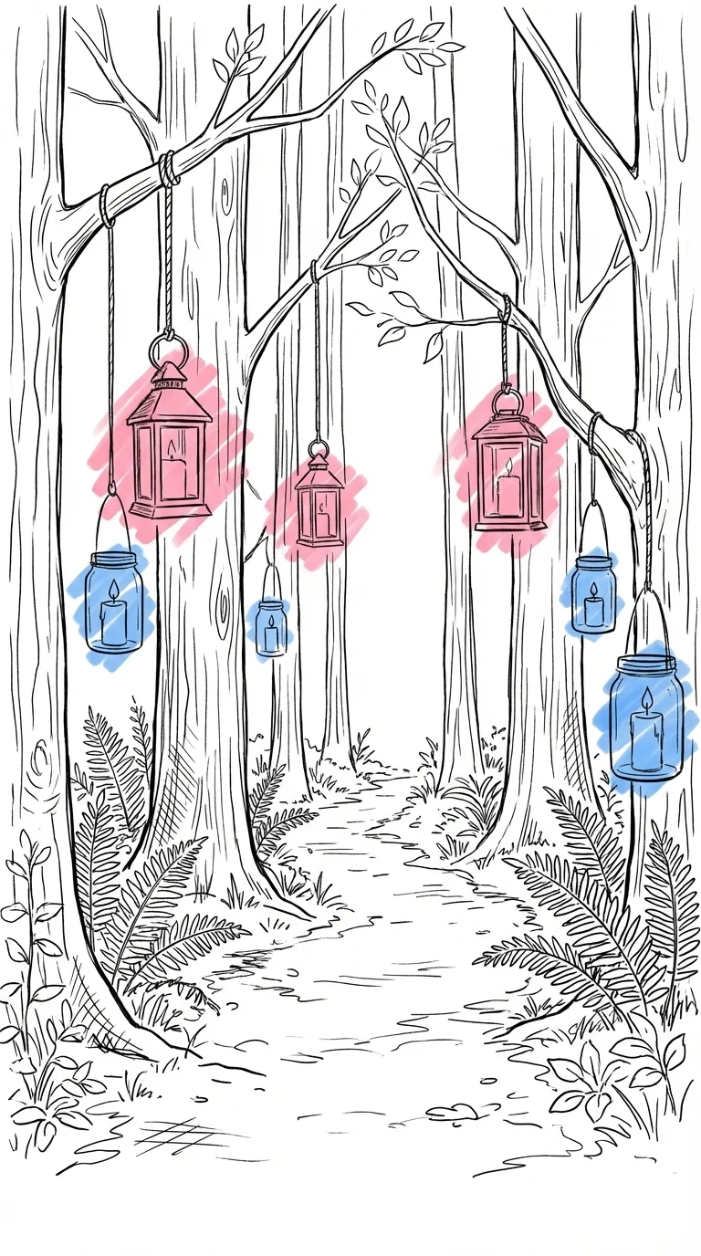 Vertikal skogsväg i skymning kantad av hängande lyktor och ljus i glasburkar, trädstammar som försvinner uppåt, ormbunkar längs kanterna