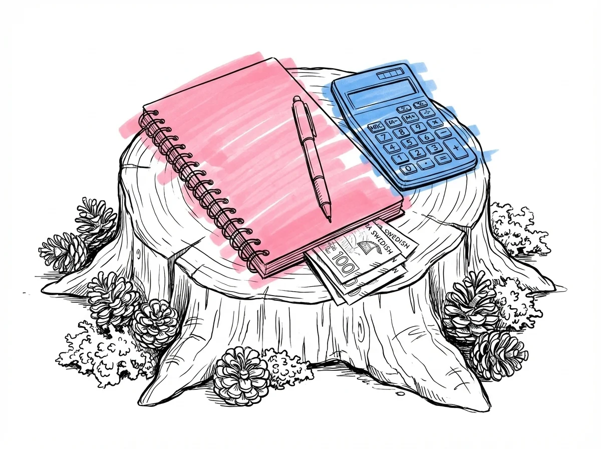 Anteckningsbok och penna på en stubbe, miniräknare bredvid, omgiven av kottar och mossa, en liten hög sedlar under anteckningsboken