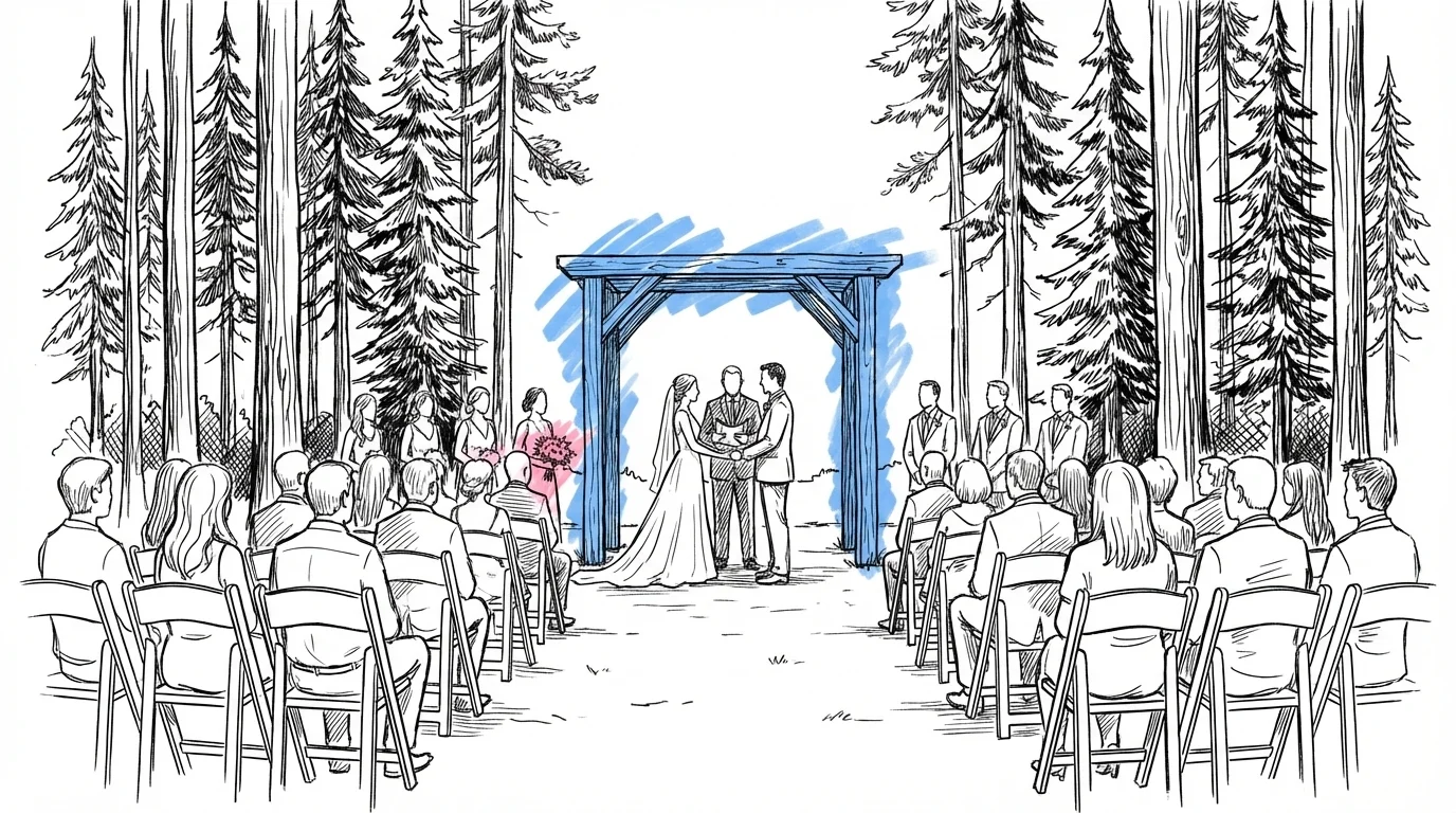 Skogsbröllopscermoni sedd bakifrån sittande gäster, ett par står under en enkel träbåge mellan två höga tallar, officiant framför dem, fläckigt solljus