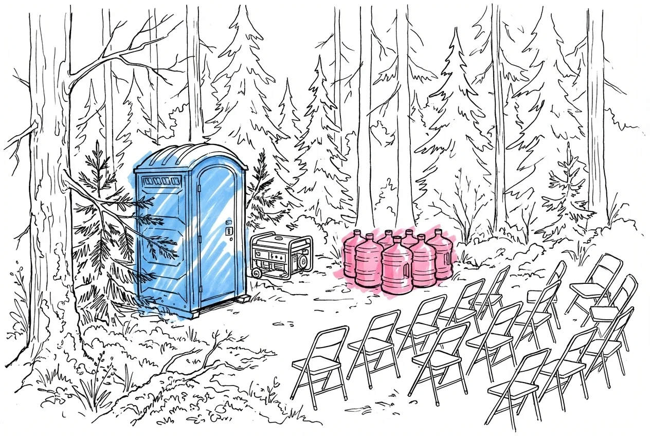 Skogsglänta med portabla toaletter, en liten generator bakom granar, vattenbehållare och fällstolar på mossbevuxen mark