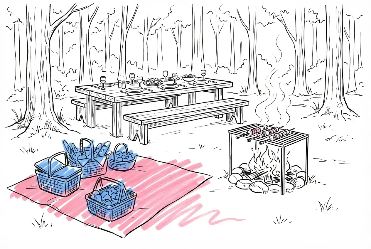 Grillstation i skogsglänta med spett över öppen eld, picknickkorgar på filt och ett långbord med tallrikar och glas i bakgrunden