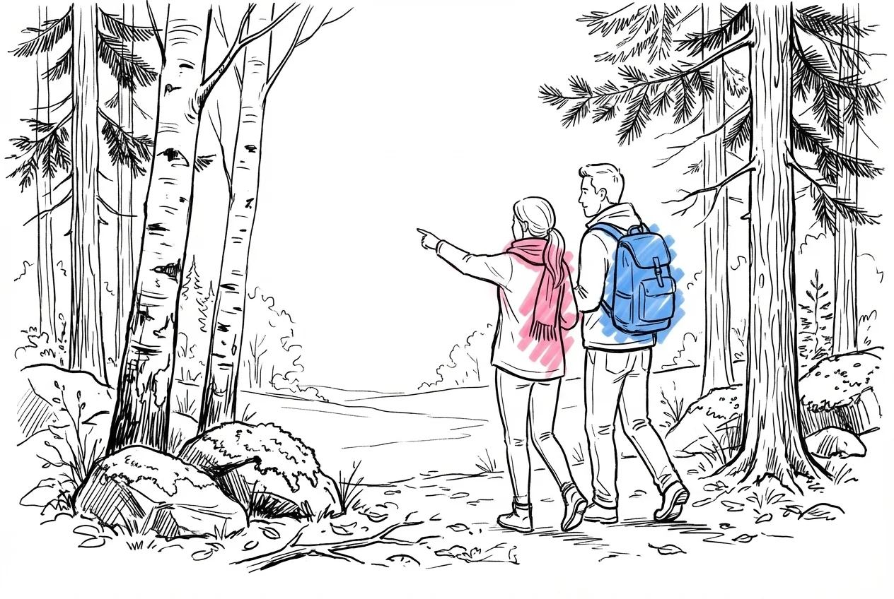 Par som vandrar genom en solbelyst skogsglänta, en person pekar mot en öppen glade omgiven av björk och tall, mossbevuxen mark