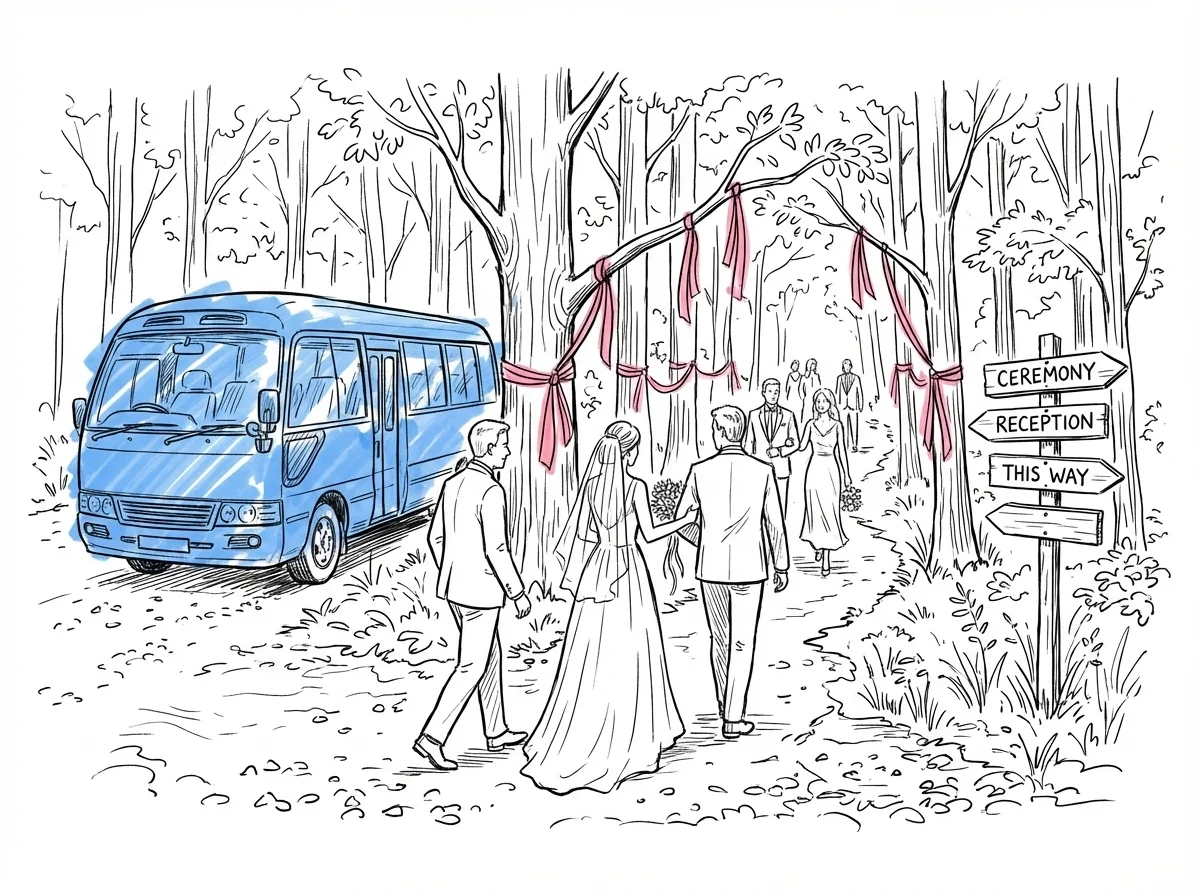 Skogsväg med parkerad minibuss, gäster i bröllopskläder vandrar längs en stig markerad med band i träden, en vägvisare pekar vägen
