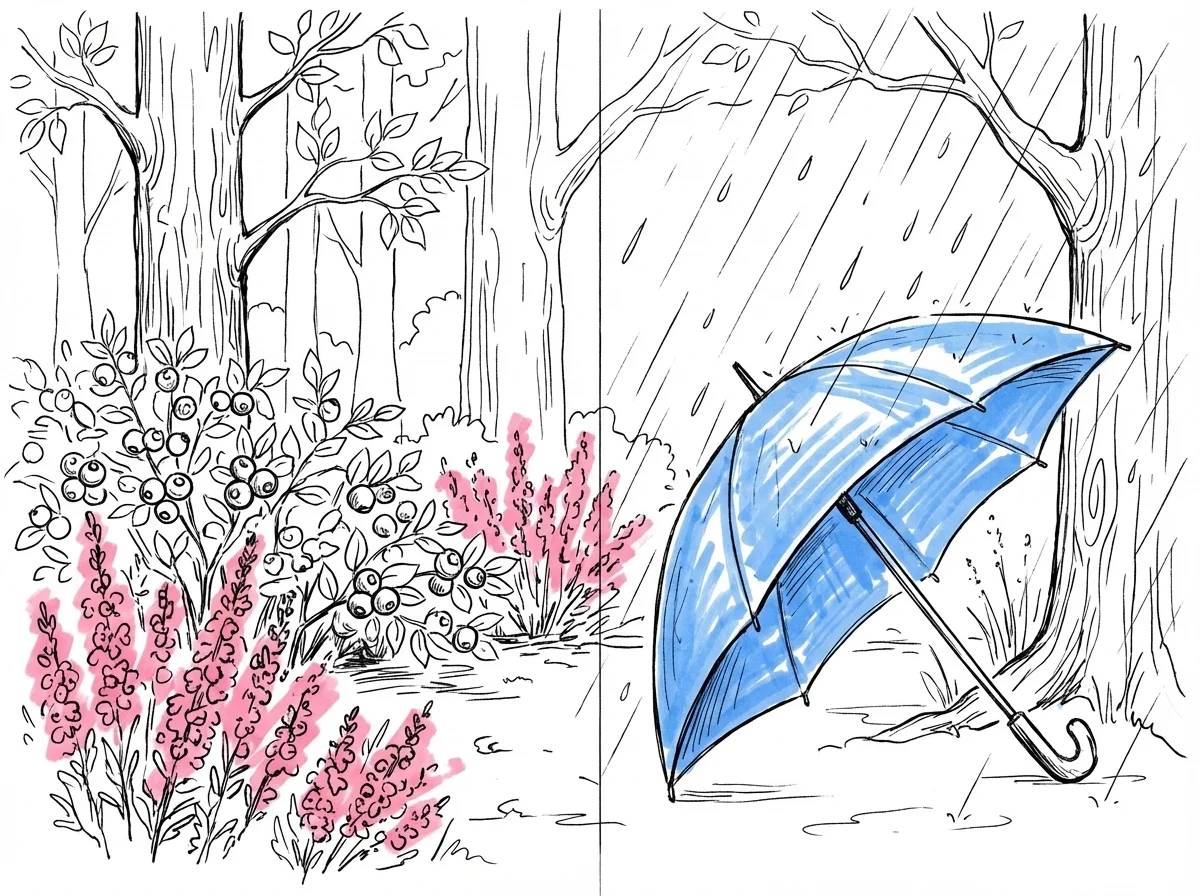 Delad scen: solig skogsglänta med blåbärsbuskar till vänster, regnskur med paraply mot trädstam till höger