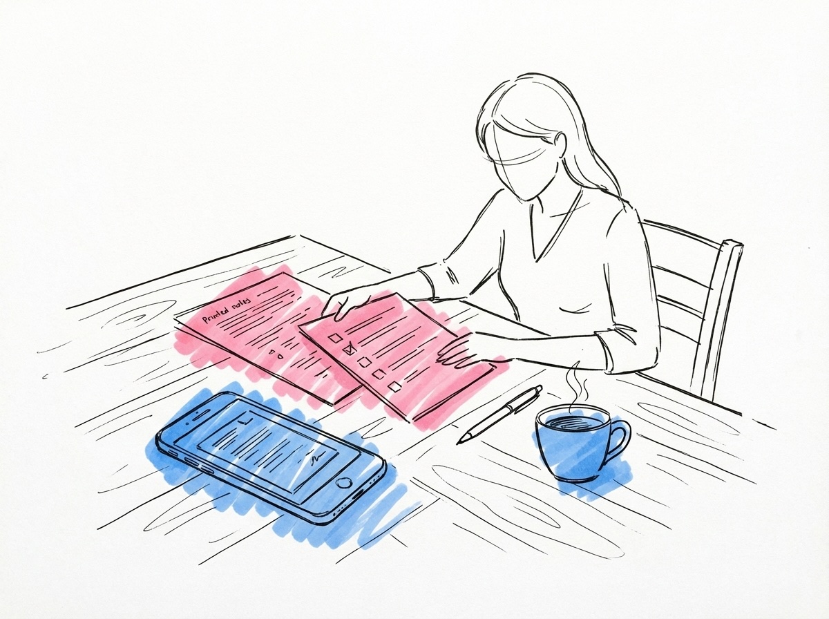 Person som sitter vid ett bord och går igenom anteckningar och en checklista med en telefon som visar ett delat dokument bredvid i Lovios rosa och blå illustrationsstil