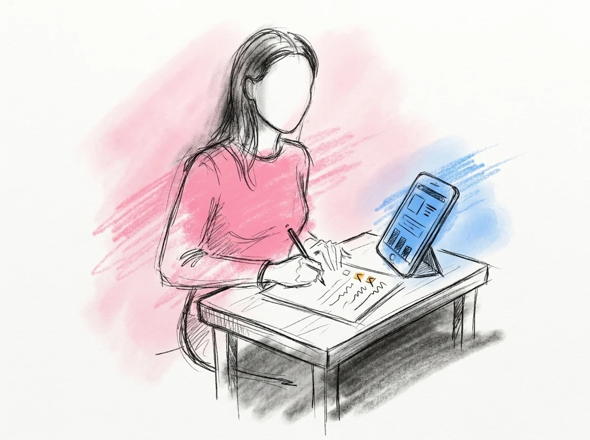 Person som sitter vid ett bord och går igenom anteckningar och en checklista med en telefon som visar ett delat dokument bredvid i Lovios rosa och blå illustrationsstil