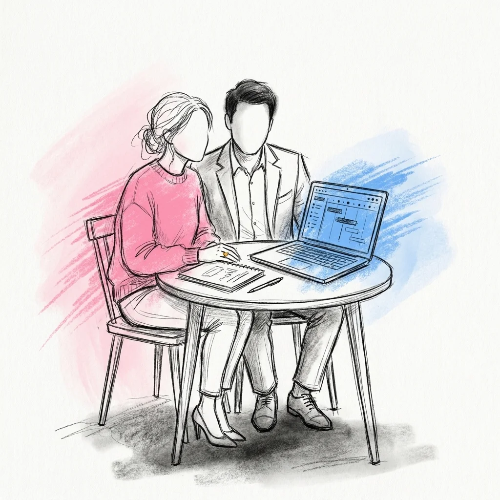 Par som planerar skoleken tillsammans vid en laptop med digital tidslinje på skärmen i Lovios rosa och blå illustrationsstil