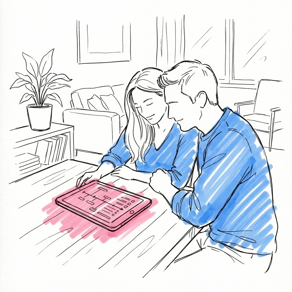 Par som planerar skoleken tillsammans vid en laptop med digital tidslinje på skärmen i Lovios rosa och blå illustrationsstil