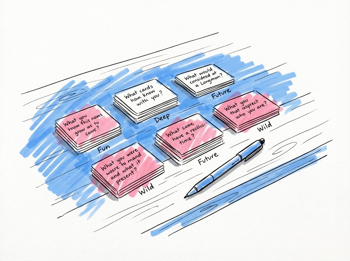 Handskrivna frågekort arrangerade i grupper på ett bord med kategorilappar och en penna bredvid i Lovios rosa och blå illustrationsstil