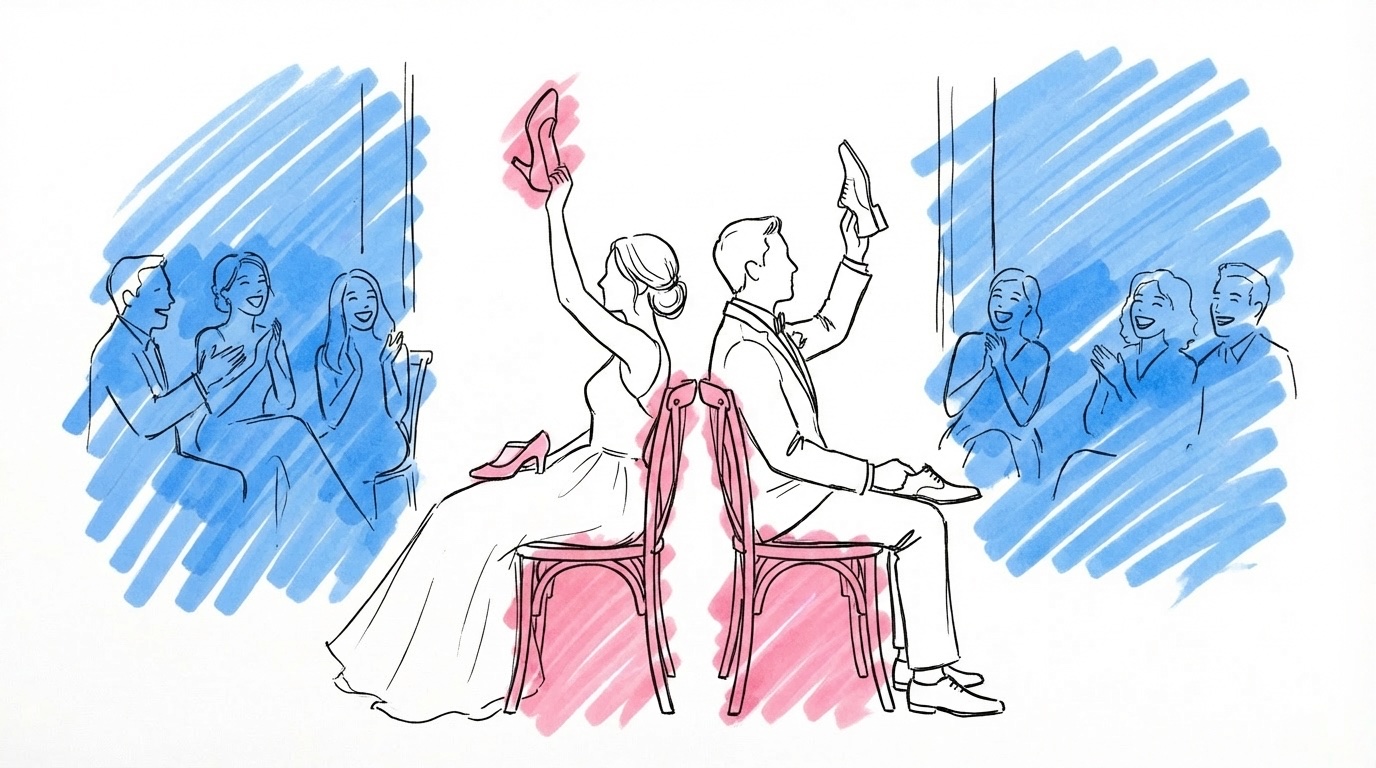 Brudpar som sitter rygg mot rygg på stolar och håller upp skor medan gäster skrattar i bakgrunden, i Lovios rosa och blå illustrationsstil