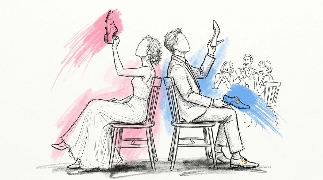Brudpar som sitter rygg mot rygg på stolar och håller upp skor medan gäster skrattar i bakgrunden, i Lovios rosa och blå illustrationsstil