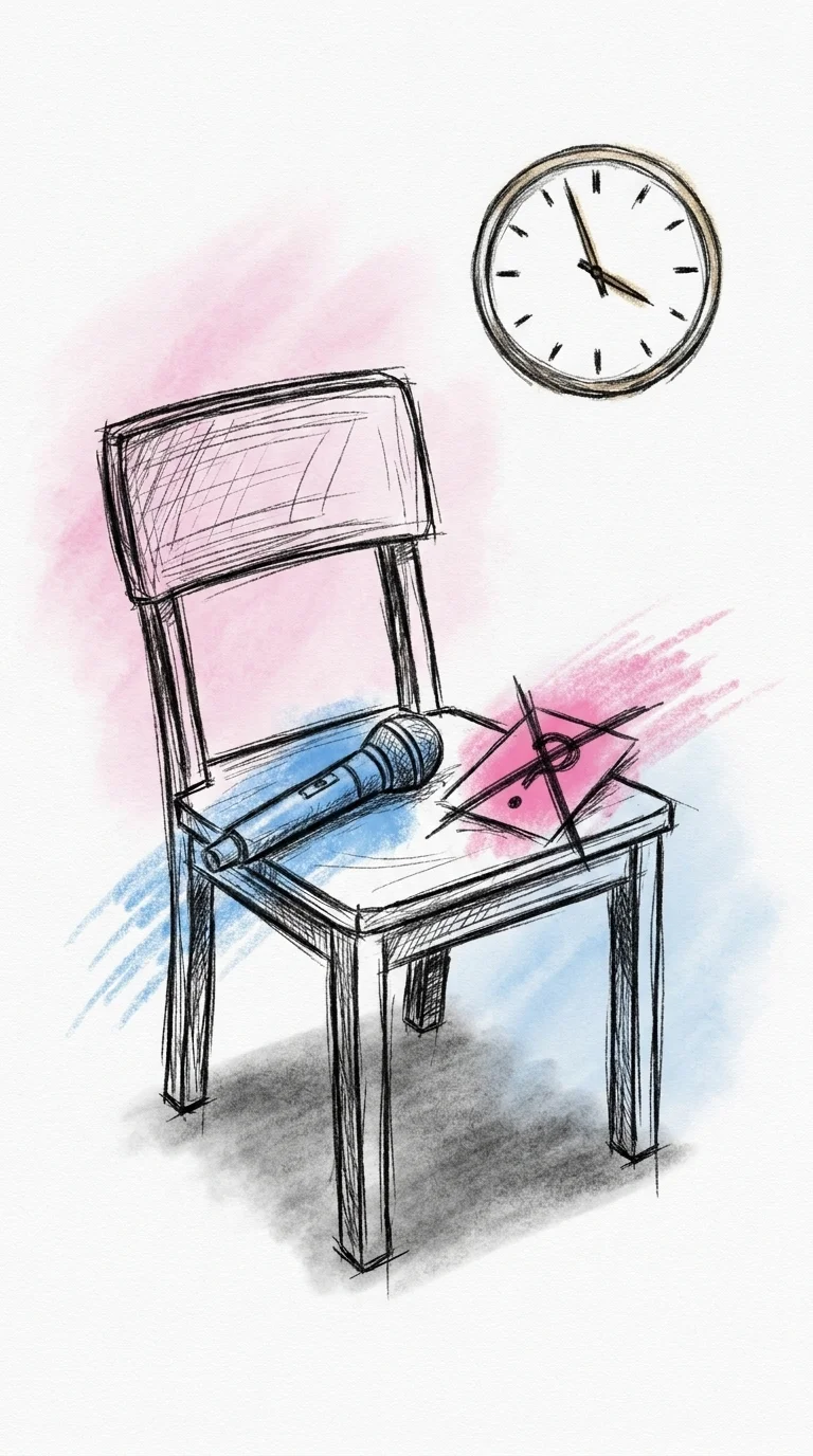 Mikrofon liggandes på en tom stol bredvid ett överstruket frågekort och en klocka som visar sent på väggen i Lovios rosa och blå illustrationsstil