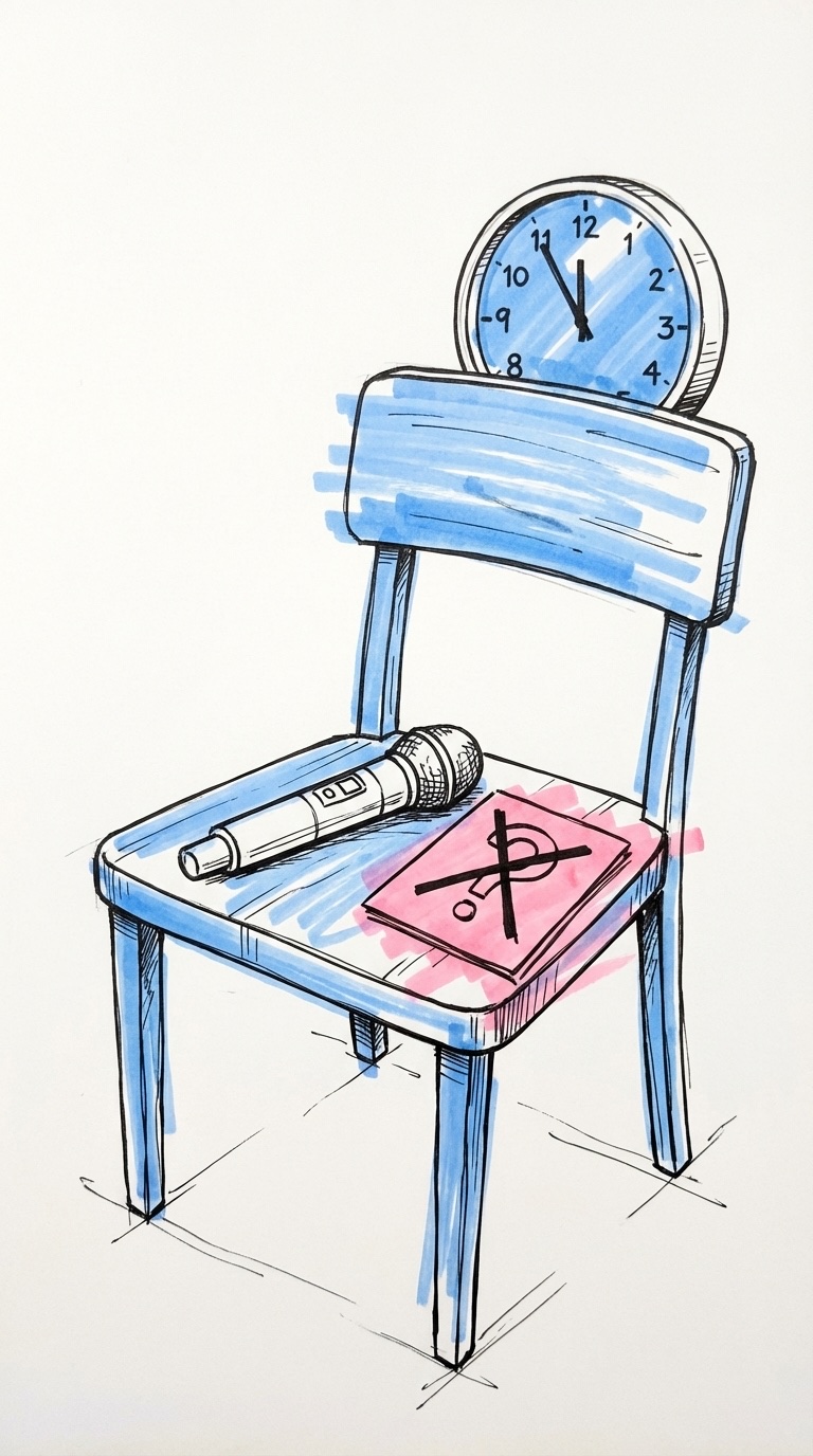 Mikrofon liggandes på en tom stol bredvid ett överstruket frågekort och en klocka som visar sent på väggen i Lovios rosa och blå illustrationsstil