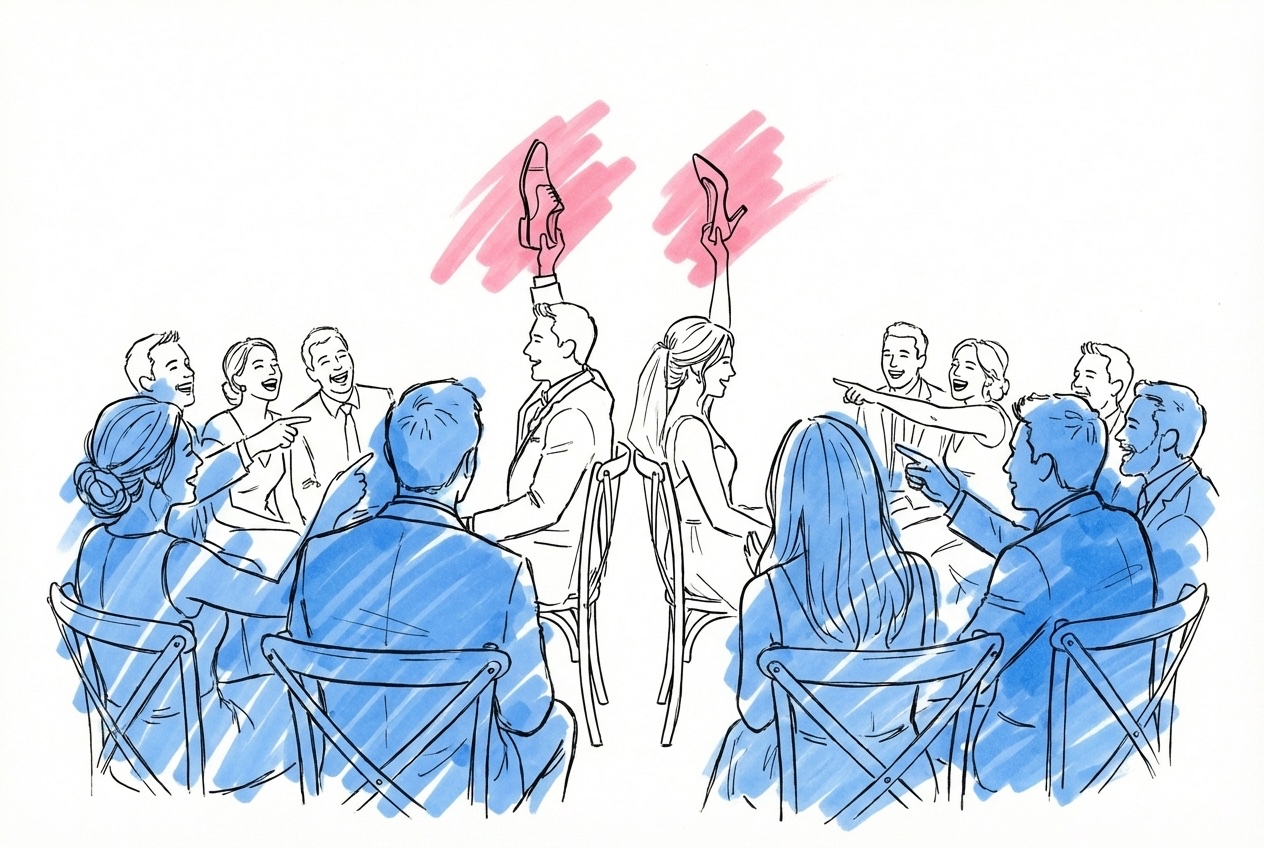 Bröllopsgäster som skrattar och pekar mot brudparets upplyftade skor i Lovios rosa och blå illustrationsstil