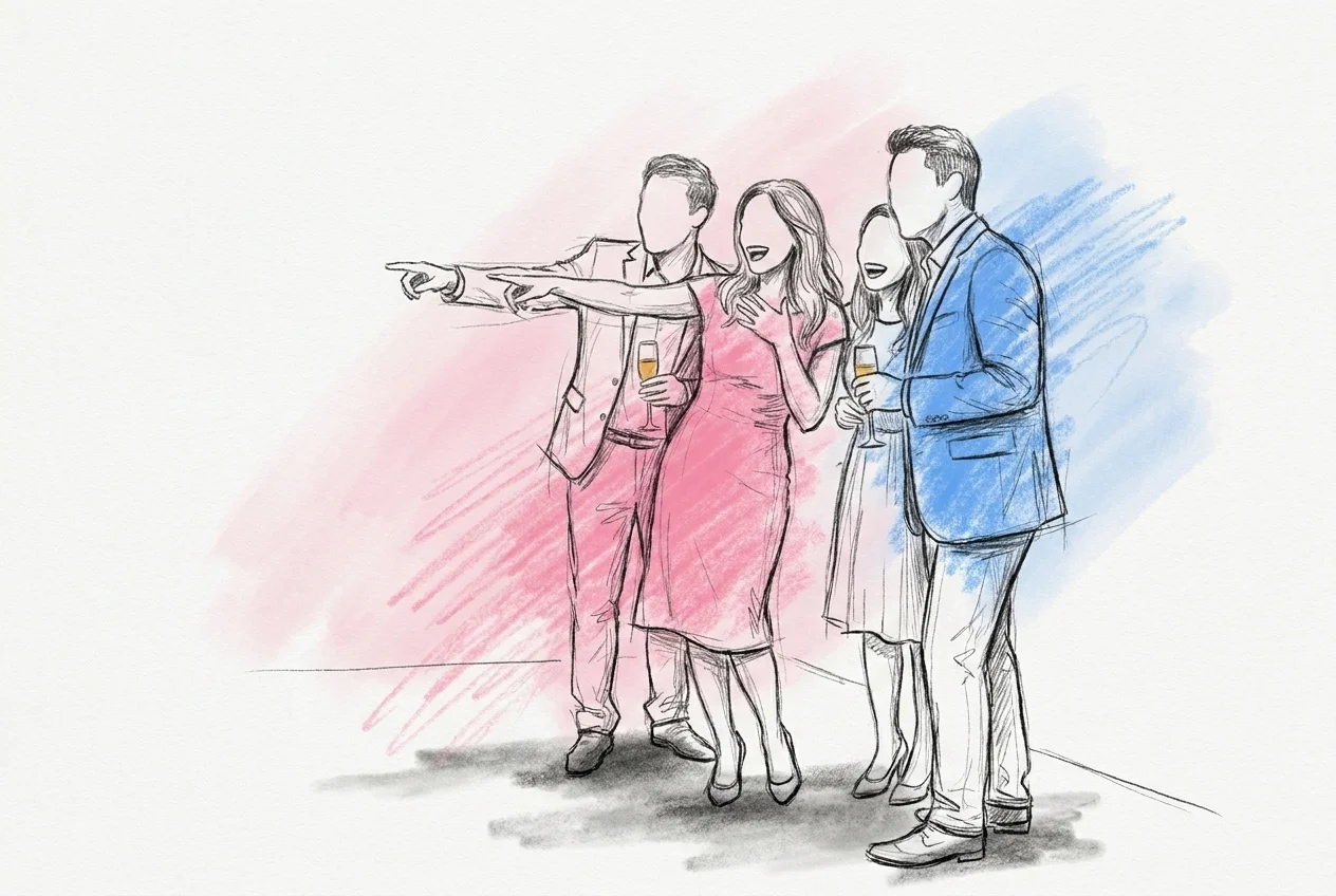 Bröllopsgäster som skrattar och pekar mot brudparets upplyftade skor i Lovios rosa och blå illustrationsstil