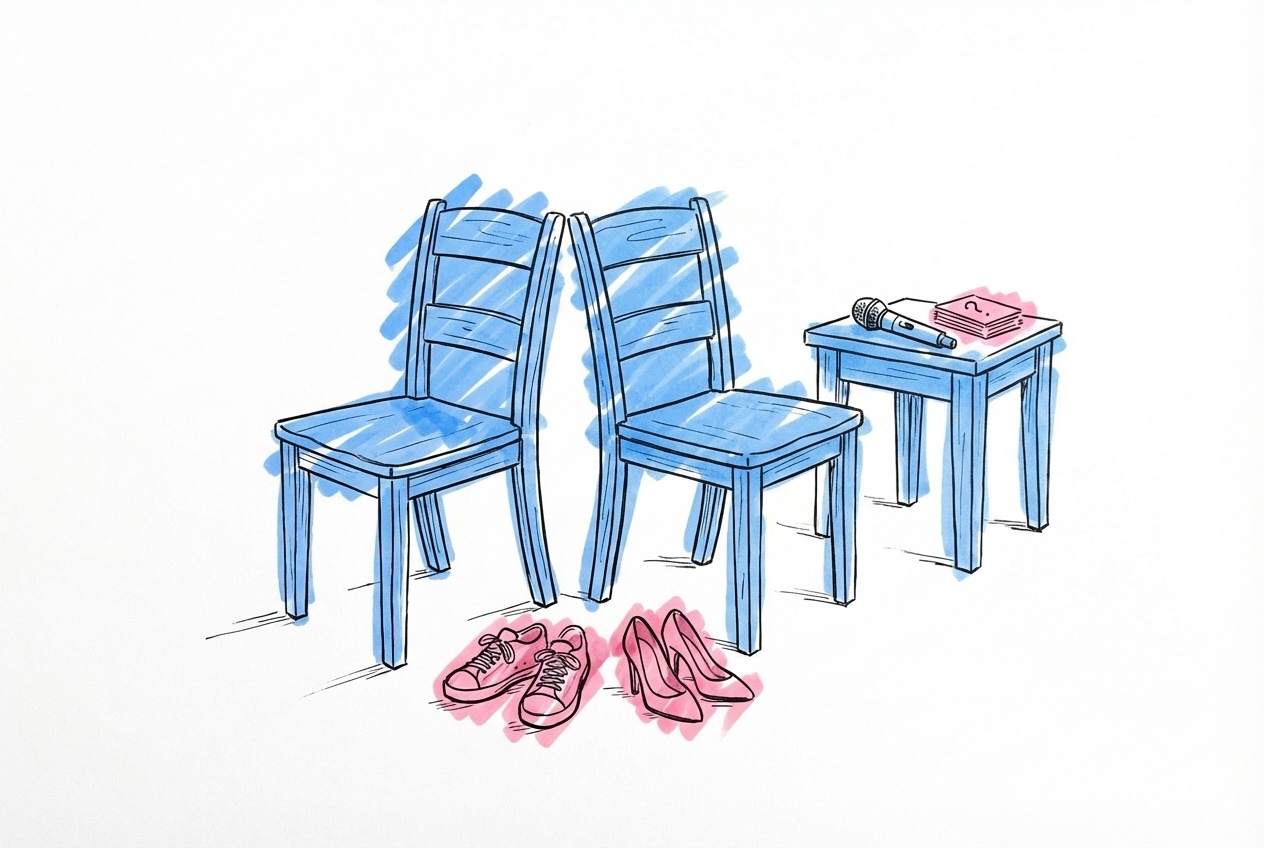 Två stolar rygg mot rygg med kontrastrika skor på golvet, trådlös mikrofon och frågekort på ett sidebord i Lovios rosa och blå illustrationsstil