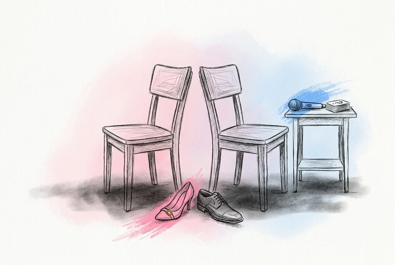 Två stolar rygg mot rygg med kontrastrika skor på golvet, trådlös mikrofon och frågekort på ett sidebord i Lovios rosa och blå illustrationsstil