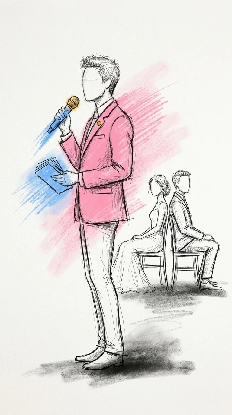 Toastmaster med mikrofon och frågekort i handen, brudpar på stolar synliga bakom i Lovios rosa och blå illustrationsstil