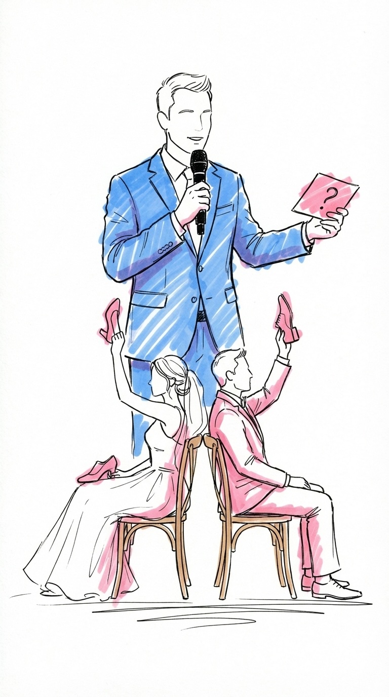 Toastmaster med mikrofon och frågekort i handen, brudpar på stolar synliga bakom i Lovios rosa och blå illustrationsstil