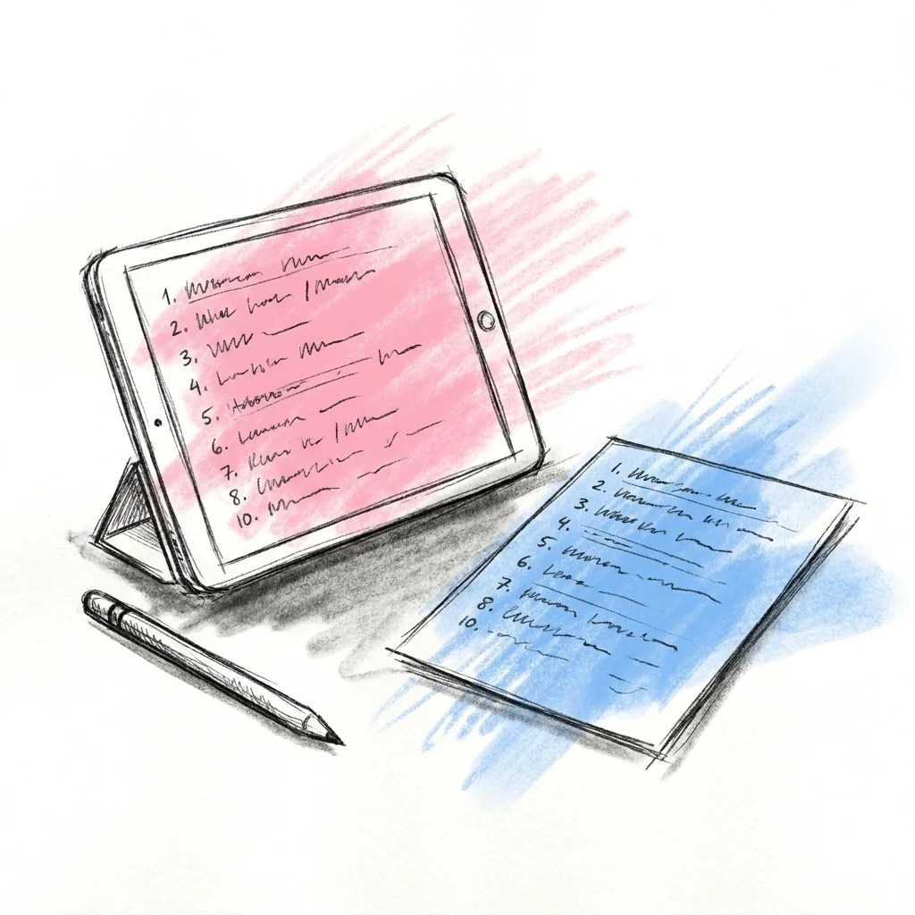En telefon eller surfplatta öppen på ett enkelt dokument med korta numrerade skulle du hellre-frågor, en penna och ett utskrivet papper bredvid, i Lovios rosa och blå illustrationsstil