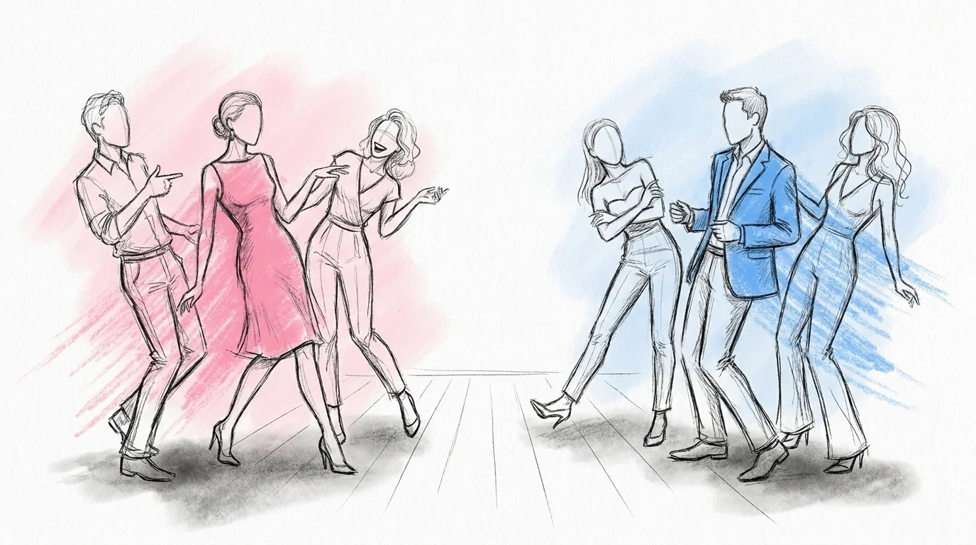 En grupp vänner på en fest delar upp sig i två lösa grupper på varsin sida av rummet efter en skulle du hellre-fråga, några pekar mot sin valda sida medan andra skrattar och funderar, i Lovios rosa och blå illustrationsstil