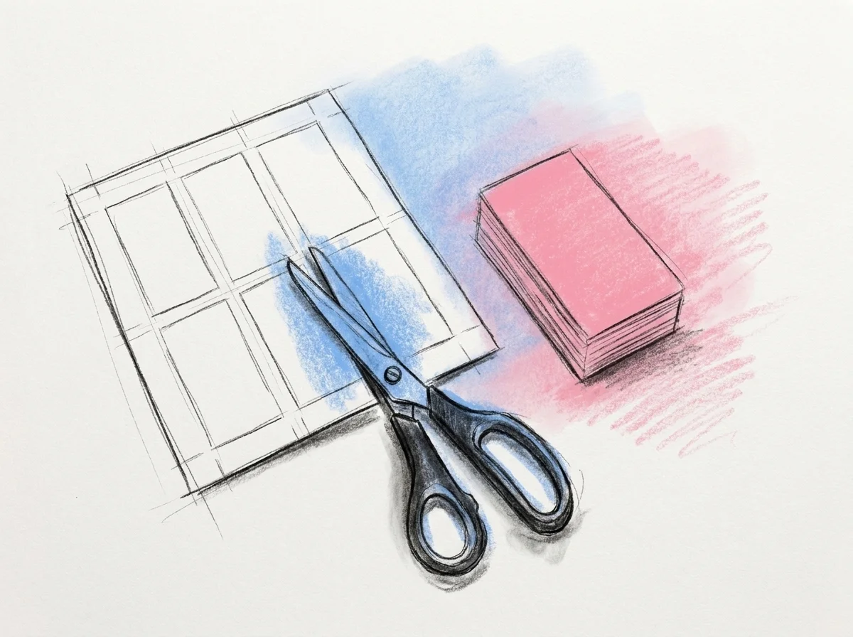 Ett bord med ett utskrivet ark med frågekort som klipps isär med en sax, en liten prydlig hög med färdigklippta kort ligger bredvid, i Lovios rosa och blå illustrationsstil