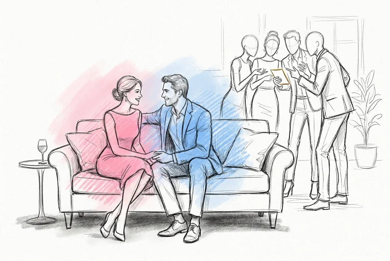 En festscen där gästerna diskuterar ett dilemma om relationer innan de väljer sida, ett par sitter nära varandra och ler mot varandra medan frågan läses upp, i Lovios rosa och blå illustrationsstil