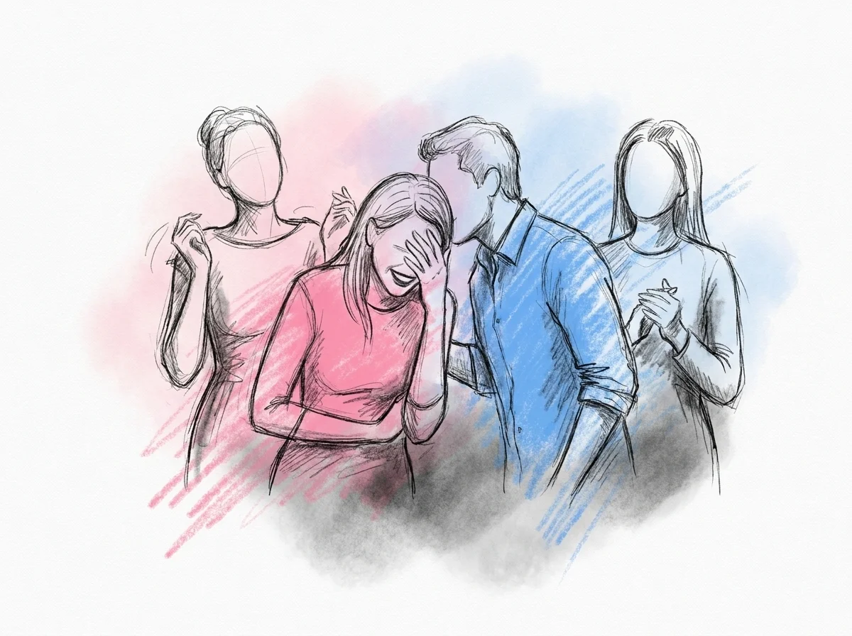 En mindre grupp vuxna vänner lutar sig nära varandra sent på kvällen, en person skrattar och döljer halva ansiktet efter att ha valt sida i ett pinsamt dilemma, i Lovios rosa och blå illustrationsstil