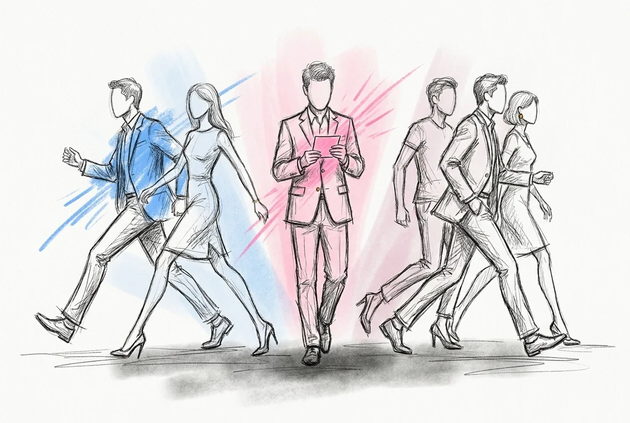En grupp fångad mitt i rörelsen på tre, gästerna kliver och pekar åt motsatta sidor av rummet i exakt samma ögonblick medan personen som läste upp frågan ser gruppen dela sig, i Lovios rosa och blå illustrationsstil