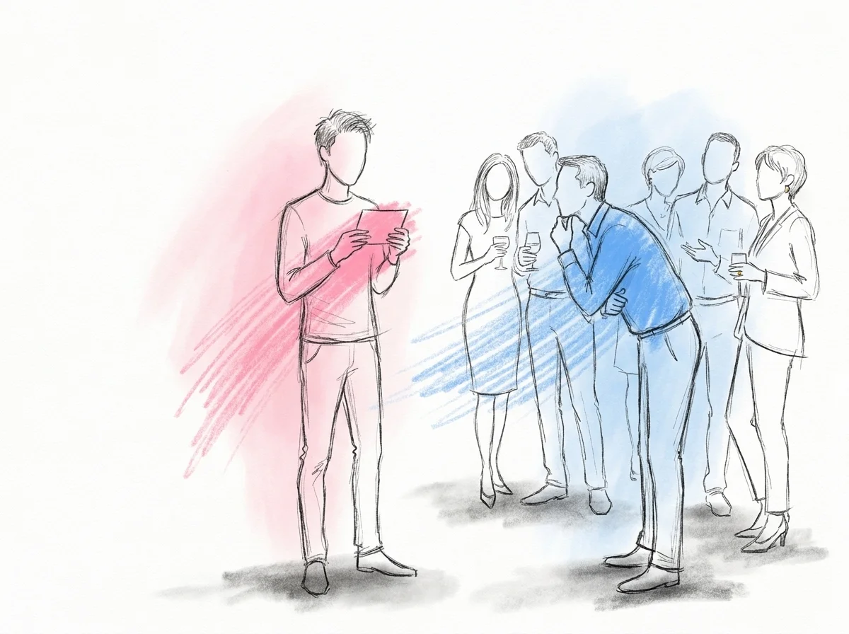 En person håller ett litet kort och läser upp en fråga för en blandad grupp gäster i olika åldrar som minglar på en fest, några lutar sig nyfiket fram, i Lovios rosa och blå illustrationsstil