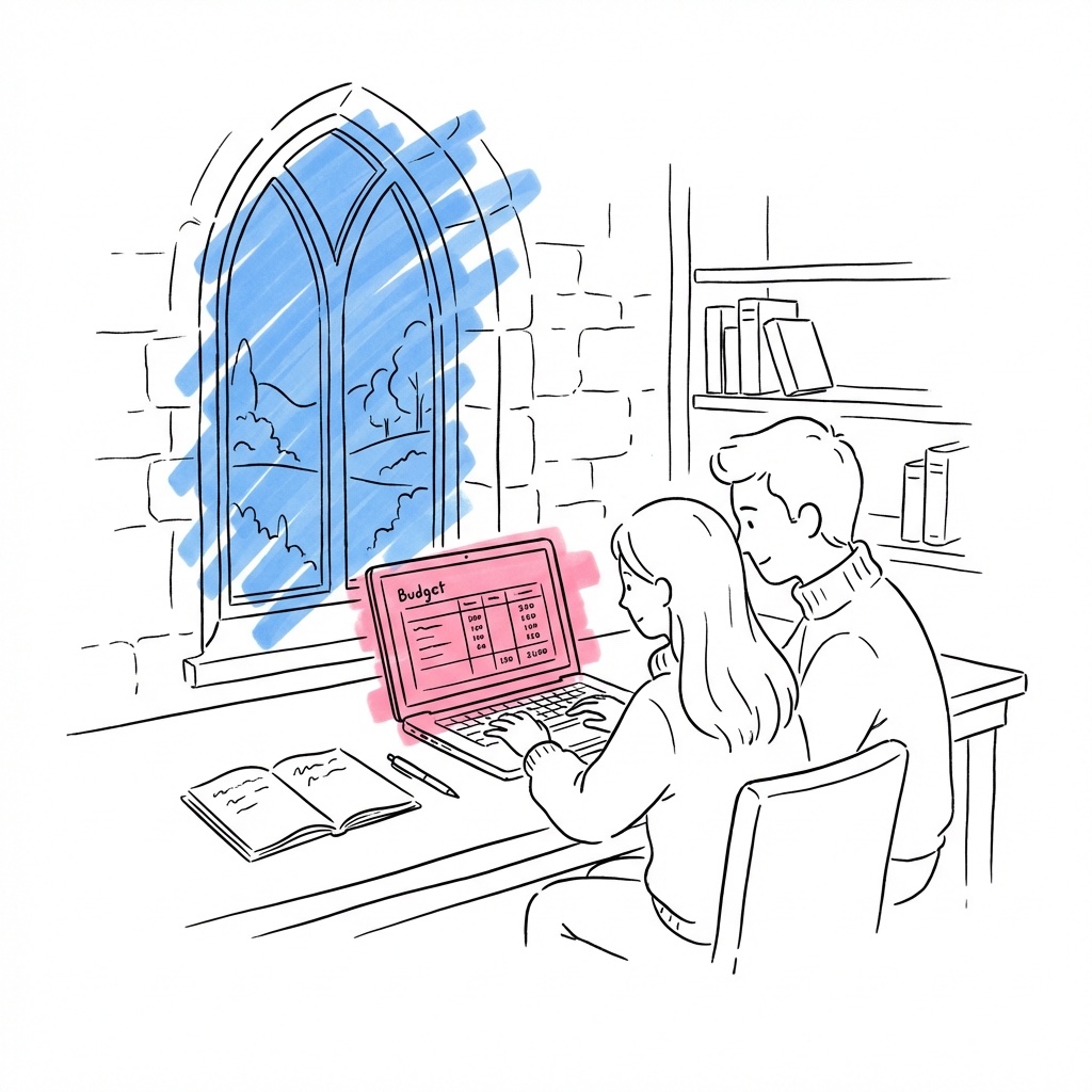 Par i ett slottsbibliotek vid en laptop som visar en budgetfördelning, slottsfönster med trädgårdsutsikt i bakgrunden