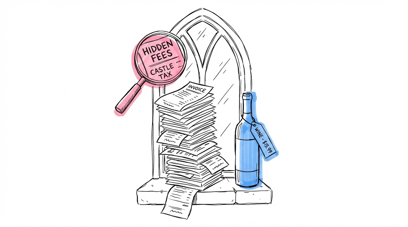 Hög stapel av kvitton och fakturor på en slottsfönsterbänk, en vinflaska med prislappar och ett förstoringsglas över dolda rader