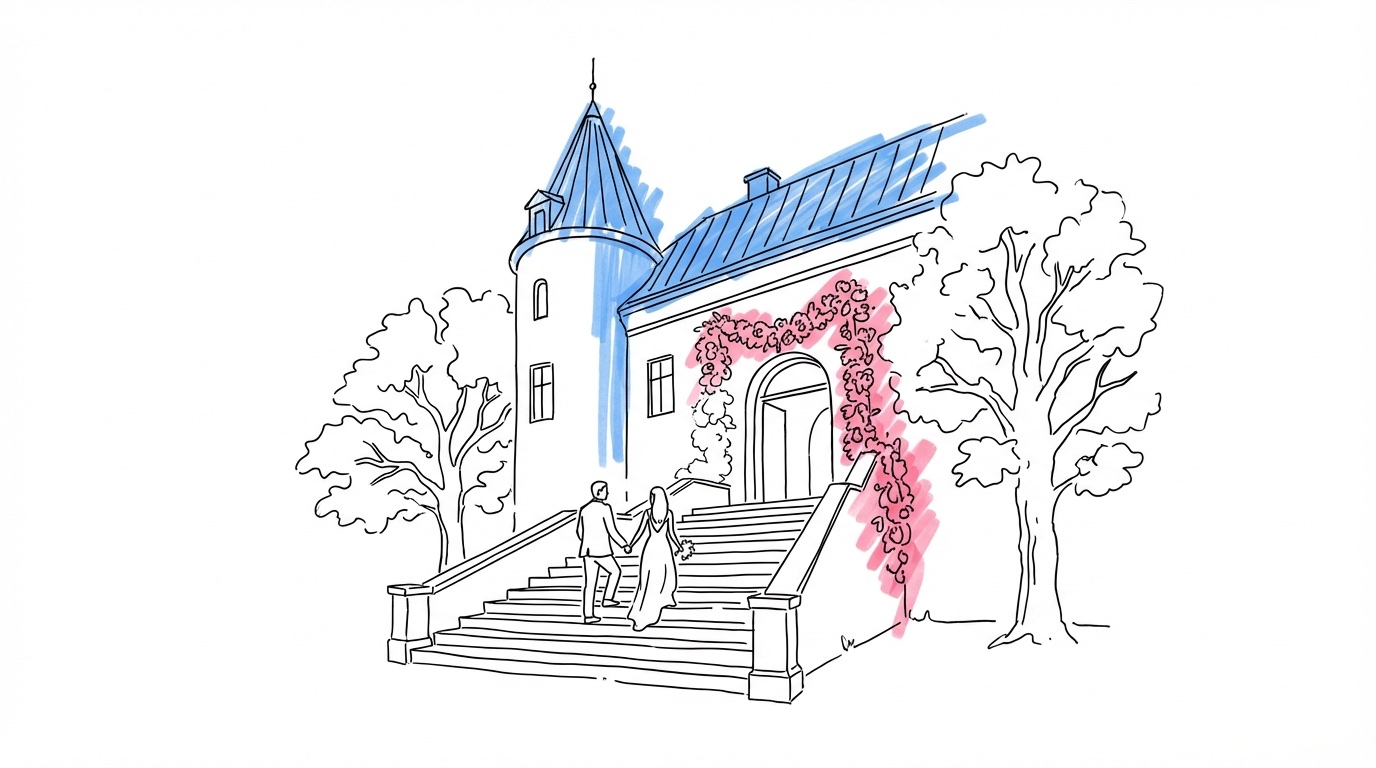 Svenskt slott med bred stentrappa och valvbåge, blomstergirlang över entrén och ett par som går upp för trappan hand i hand