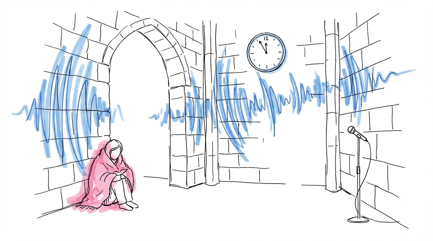 Slottsfestsal där saker gått lite fel — ljudvågor studsar mot stenväggar, en gäst i sjal, en klocka som visar sent