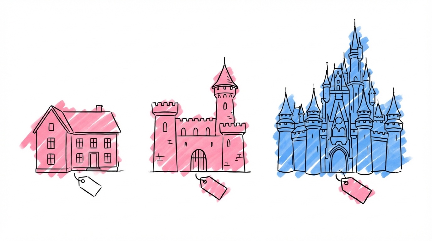 Tre slottssilhuetter sida vid sida som representerar olika prisnivåer — herrgård, etablerat slott och prestigeslott