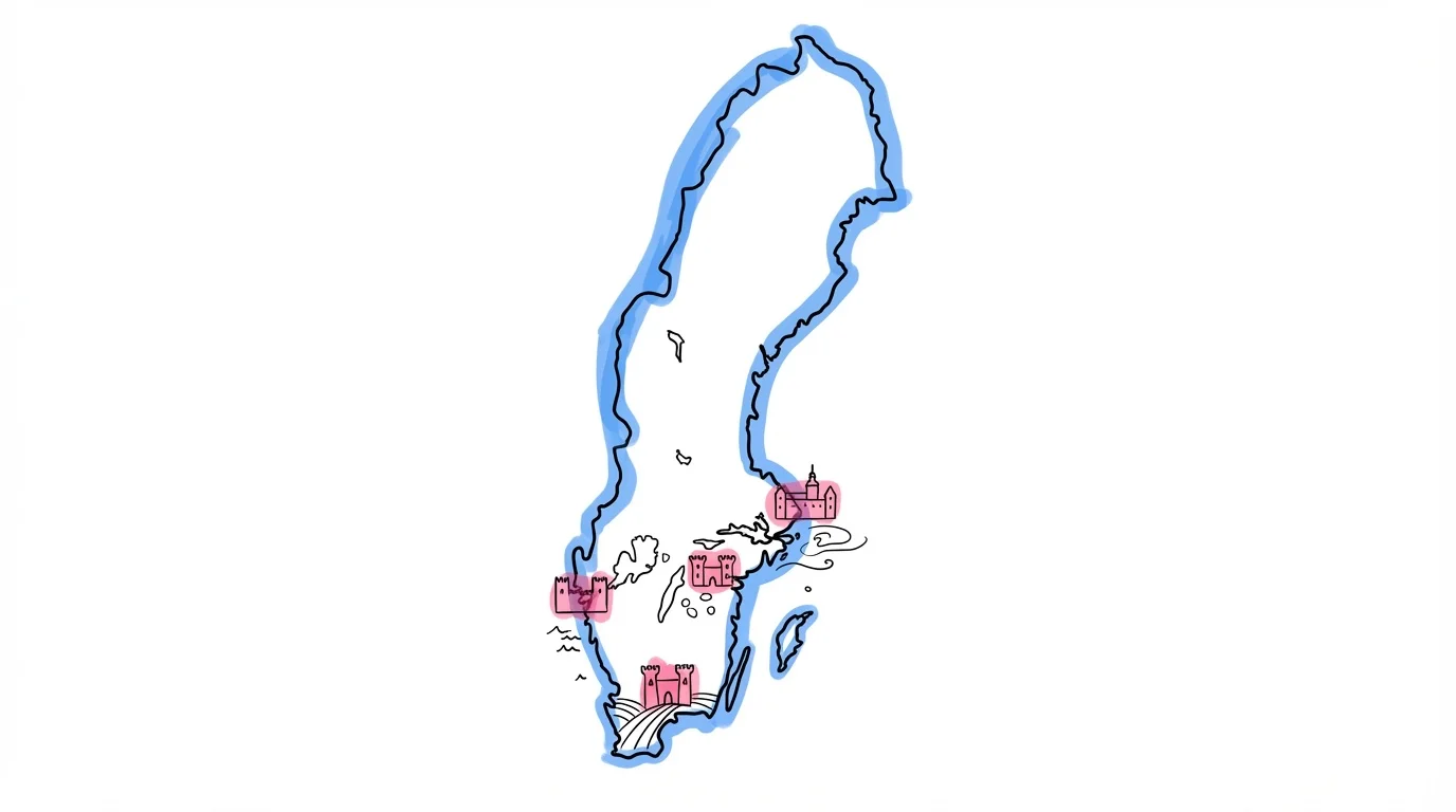 Stiliserad karta över Sverige med slottsikoner placerade i Mälardalen, Skåne, Västkusten och Östergötland